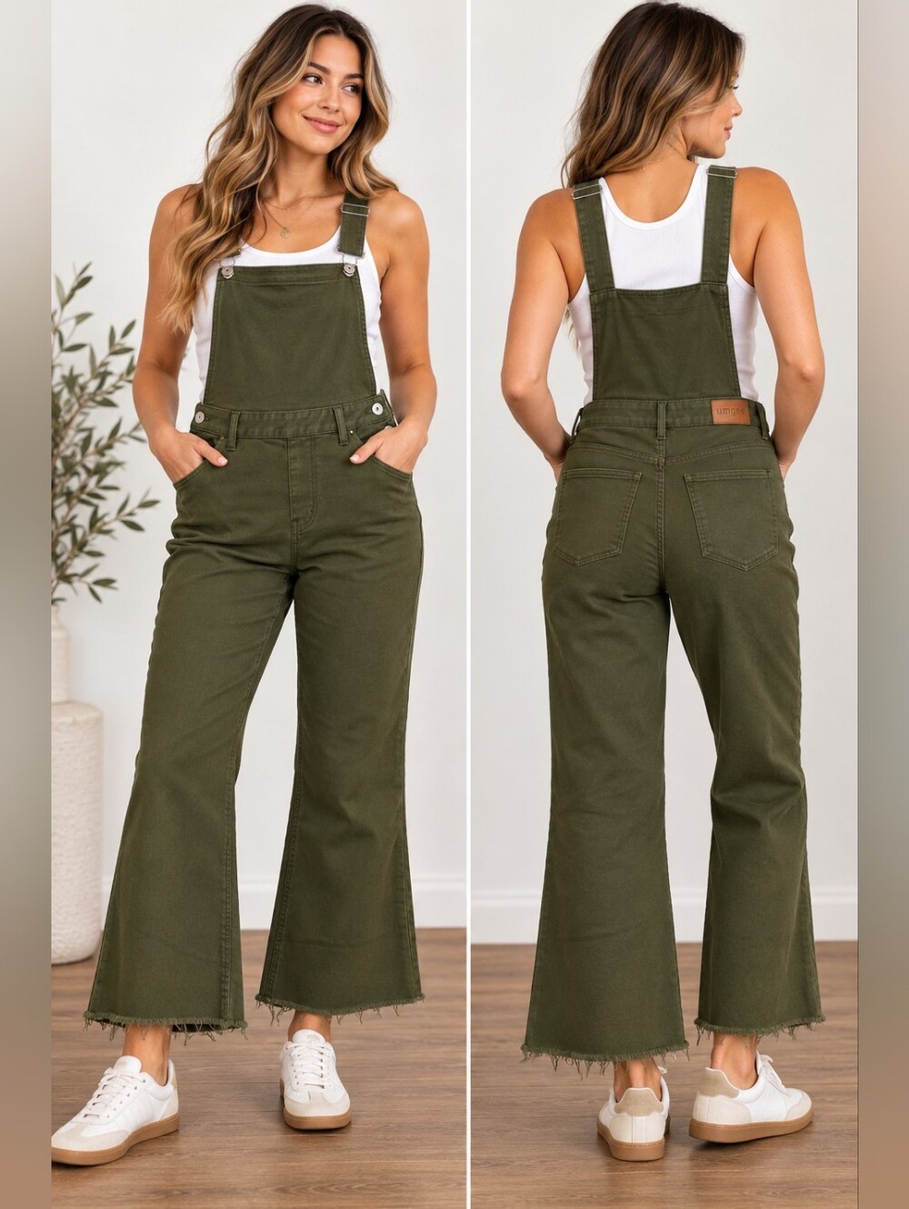Umgee Denim Olive Green Overall Jumpsuit Size L Raw Hem Wide Leg